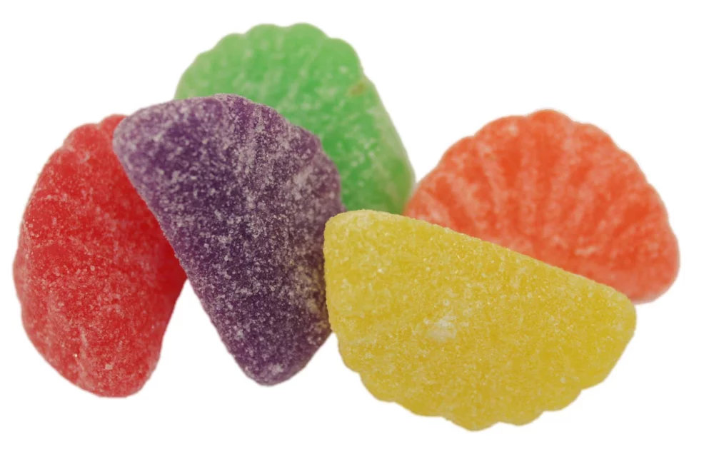 175g de bonbons en tranches aux fruits avec étiquette en couleur pleine