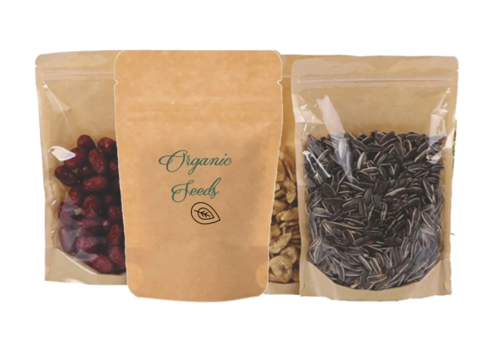 Pochette debout en papier transparent/kraft avec fermeture à glissière 2C2S (6,69" x 9,84" x 3,54")