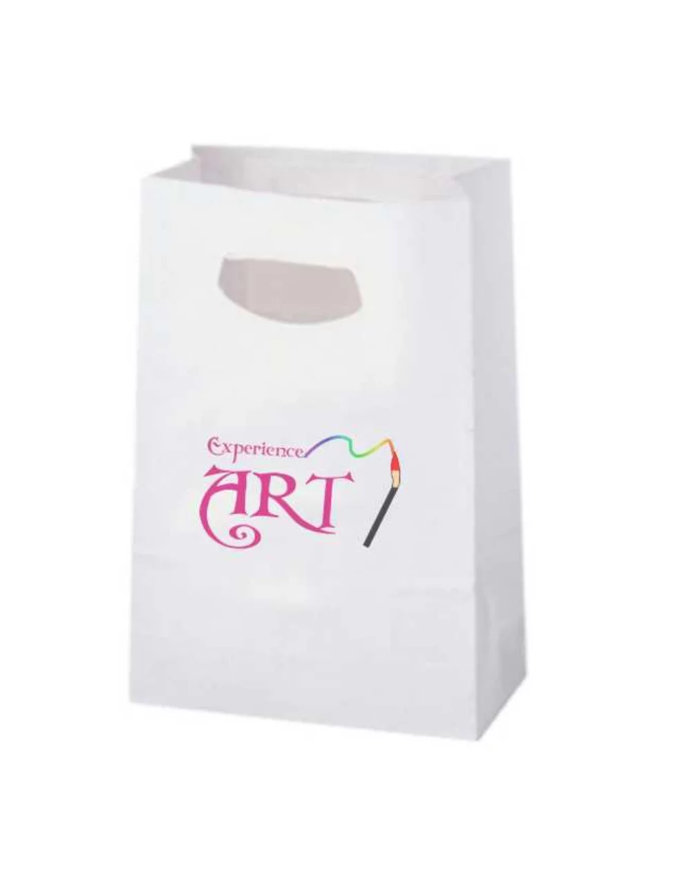 White Kraft Die Cut Handle Paper Bag w/Digital Print (8"x4"x13 5/8")