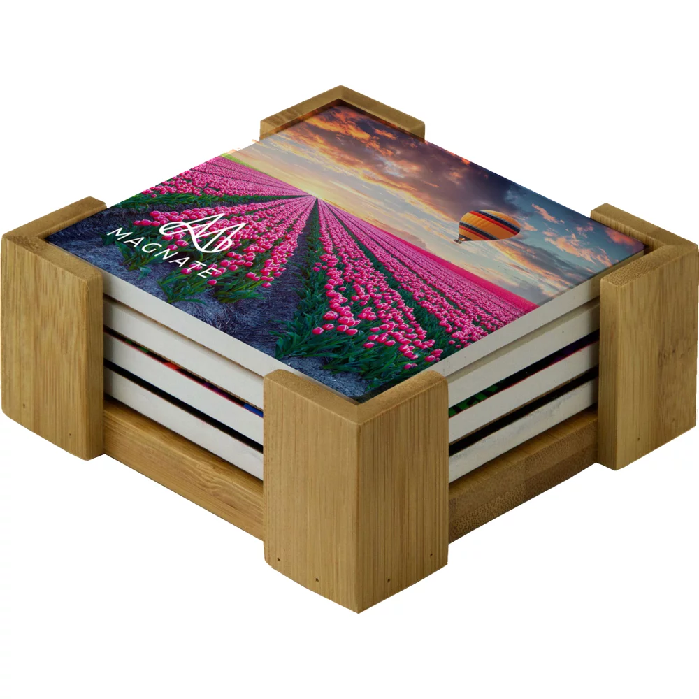 Sous-verre carré en céramique : ensemble de 4 pièces avec support en bois