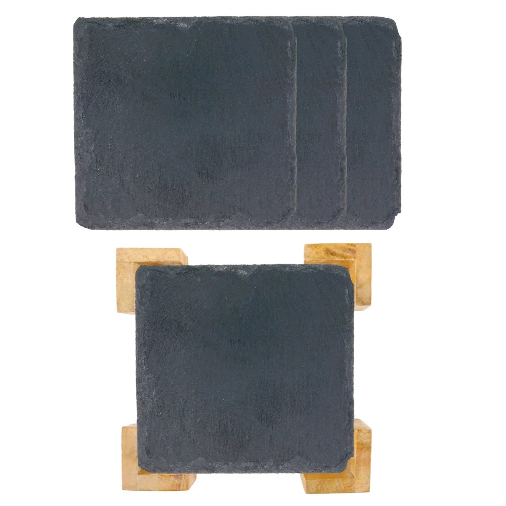 4 Pc. Square Slate Coaster In Bamboo Stand