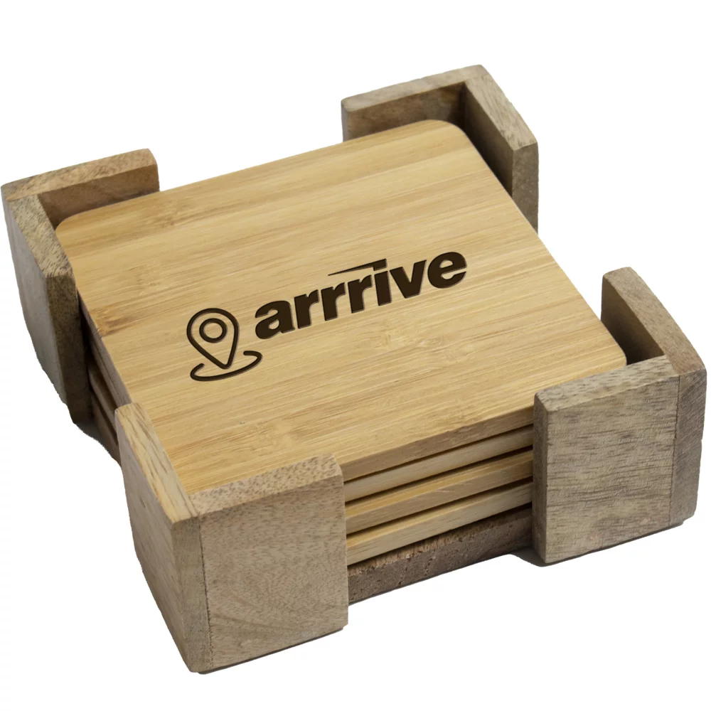 4 Pc. Square Bamboo Coaster Set with Stand: 4 piece Square