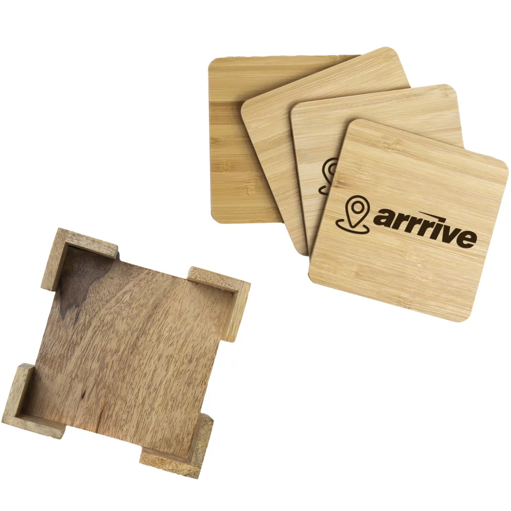 4 Pc. Square Bamboo Coaster Set with Stand: 4 piece Square