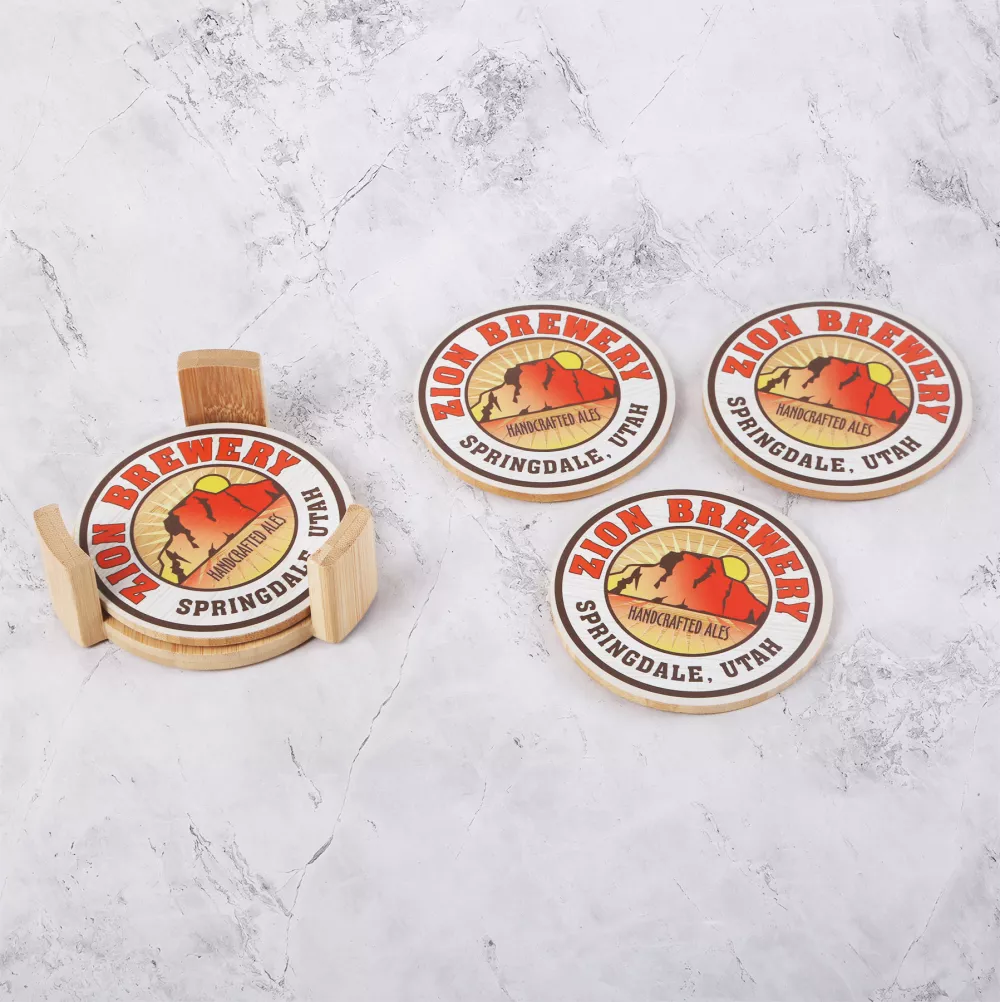 Round Bamboo Coaster Set with Wood Stand: 4 Piece Round
