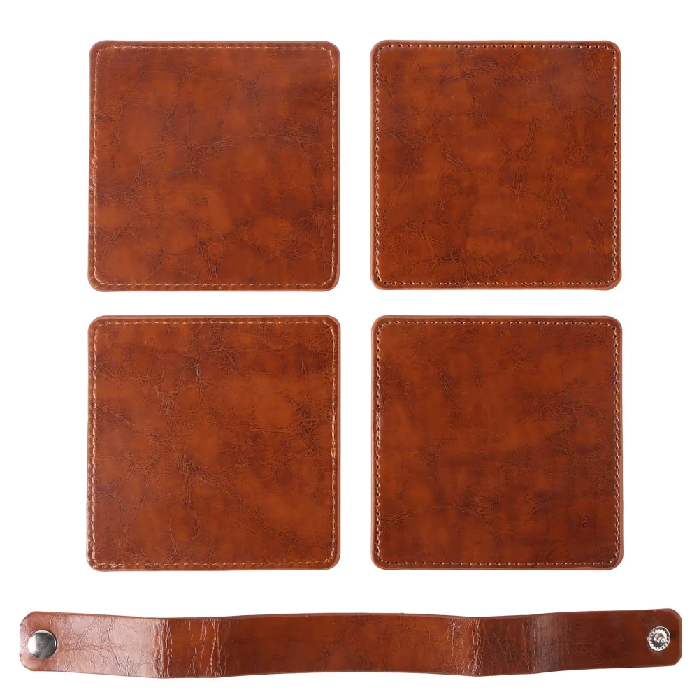 Watson Square PU Leather Coaster: 4 piece Set in Holder