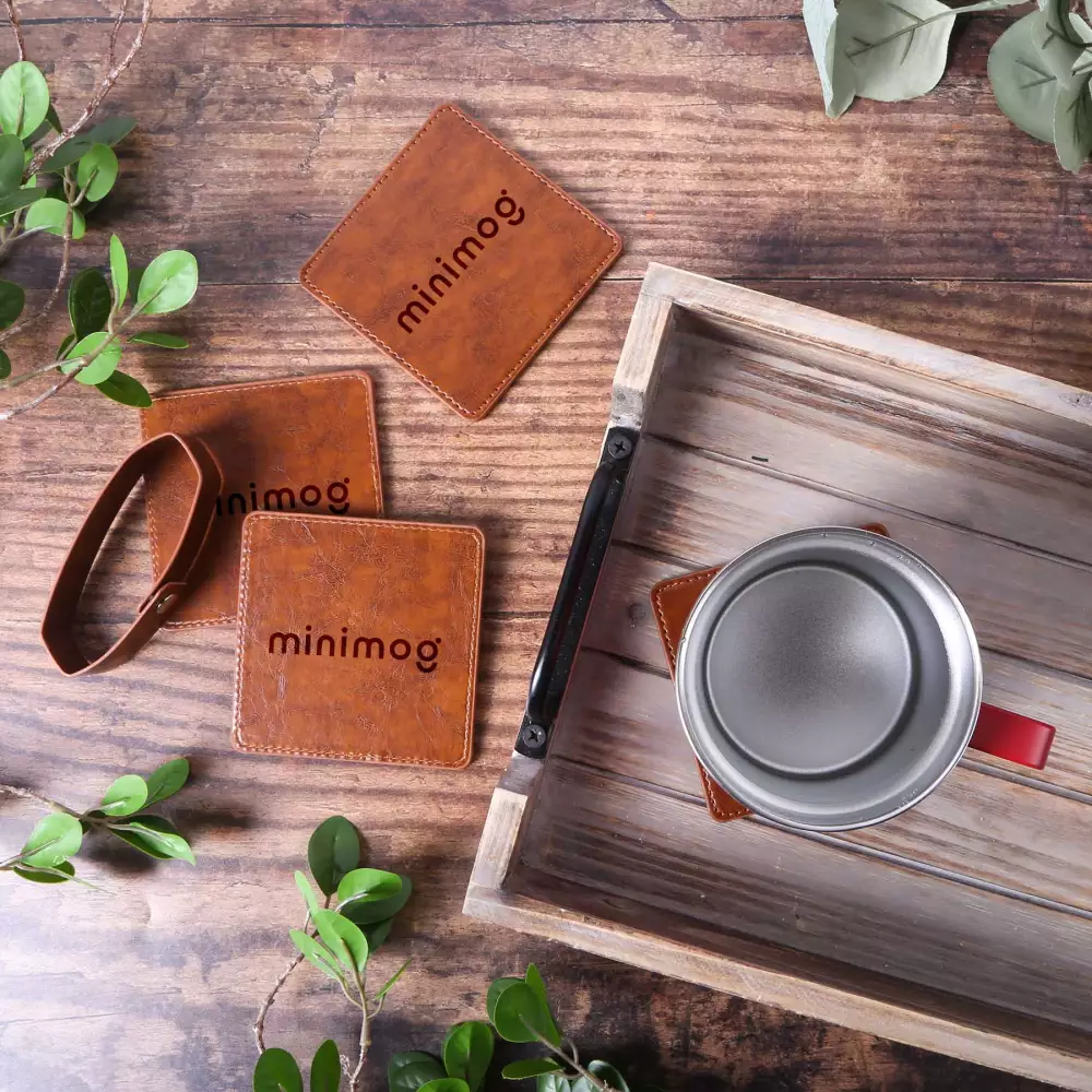 Watson Square PU Leather Coaster: 4 piece Set in Holder