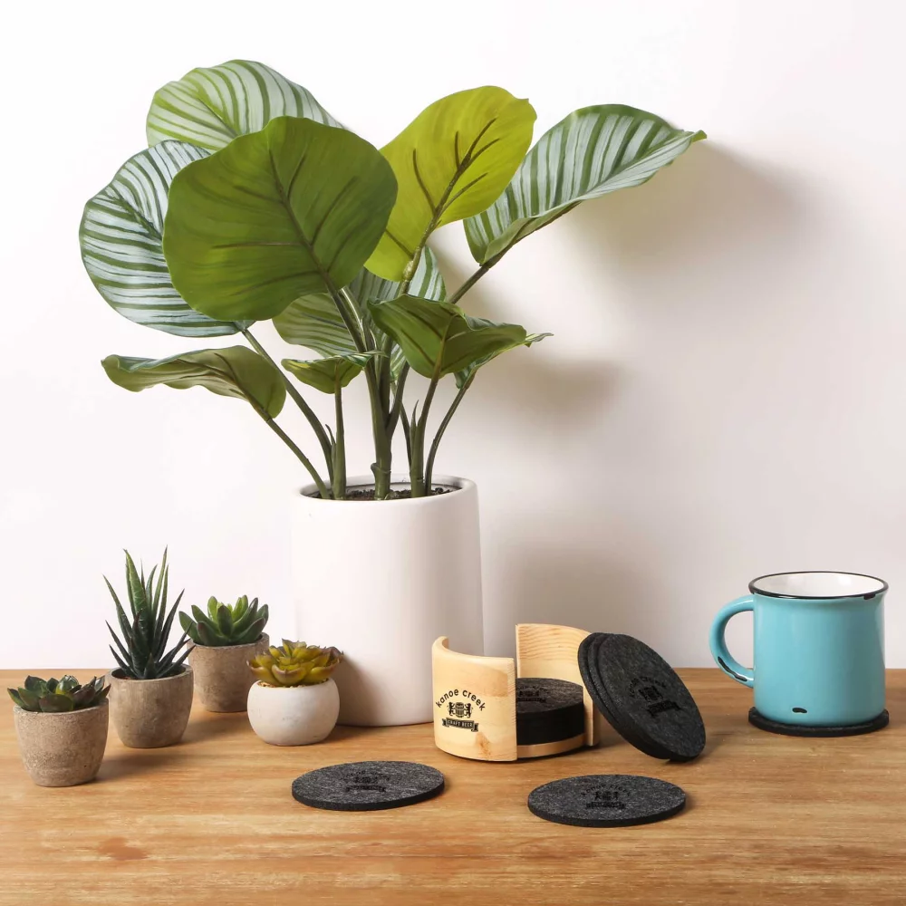 Sous-verres en feutre Wellington : ensemble de 10 pièces avec support en bois.