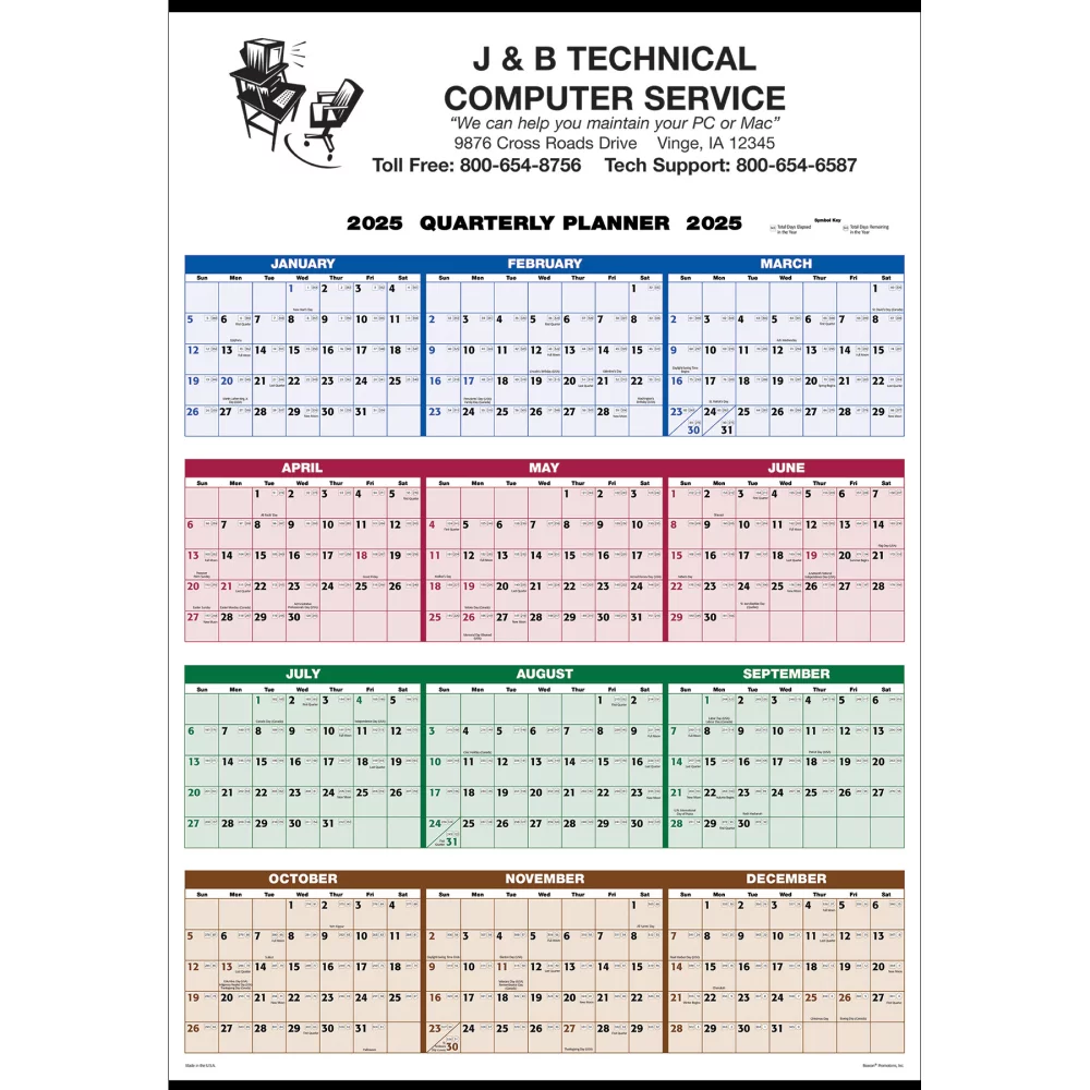 Calendrier mural sur une seule feuille - Vue annuelle trimestrielle en 4 couleurs : 2025