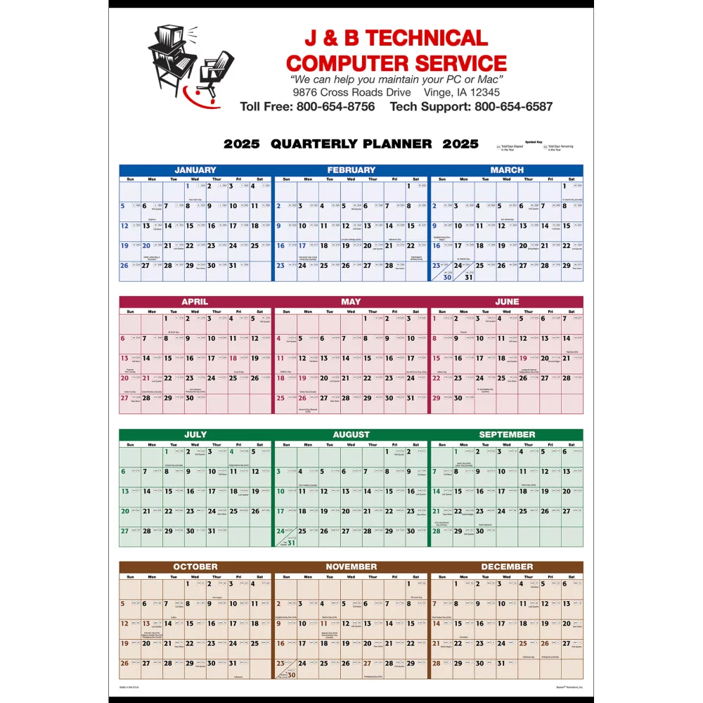 Calendrier mural sur une seule feuille - Vue annuelle complète trimestrielle en 4 couleurs : 2+ couleurs 2025