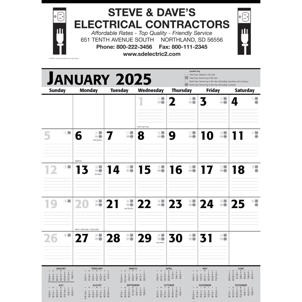 Calendrier mural de planification commerciale : gris et noir 2025, impression en 1 couleur