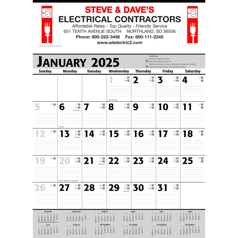 Calendrier mural de planification commerciale : gris et noir 2025, 2+ couleurs d'impression