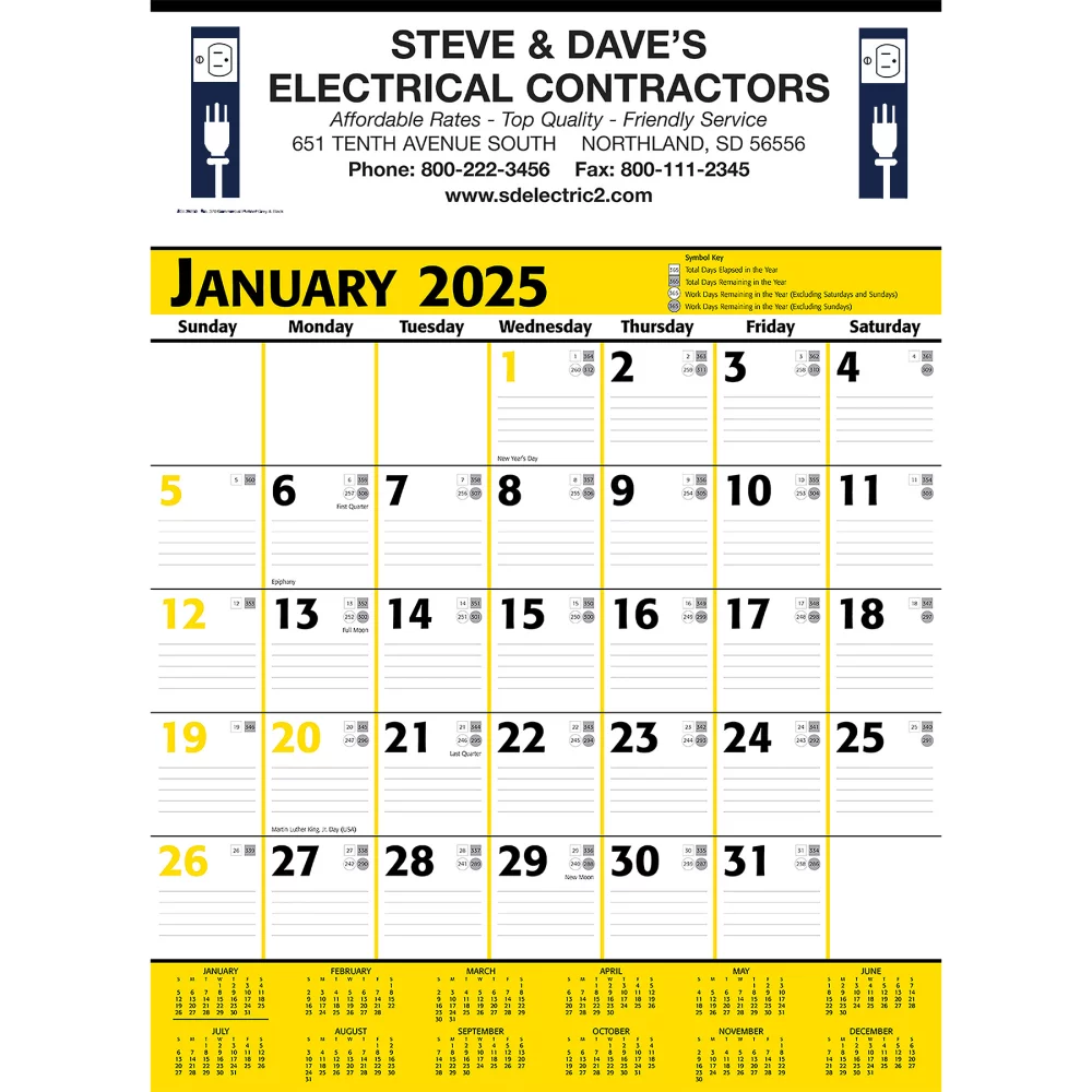 Calendrier mural de planification commerciale : Jaune et noir 2025, 2+ couleurs d'impression