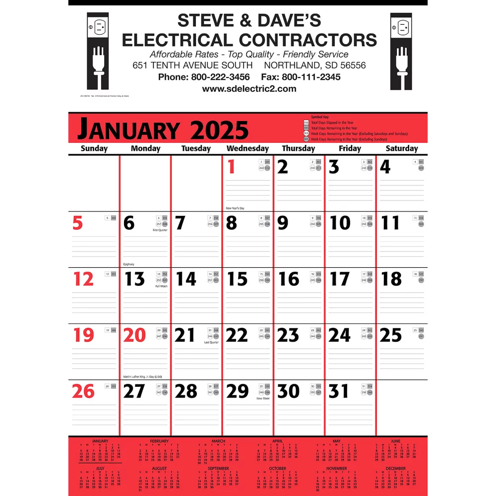 Calendrier mural de planification commerciale : rouge et noir 2025, impression en 1 couleur