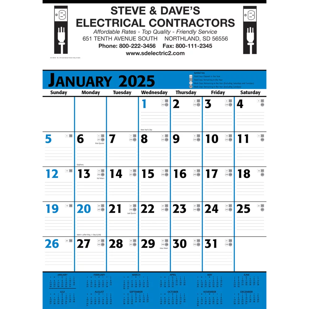 Calendrier mural de planification commerciale : Bleu et noir 2025, impression en 1 couleur
