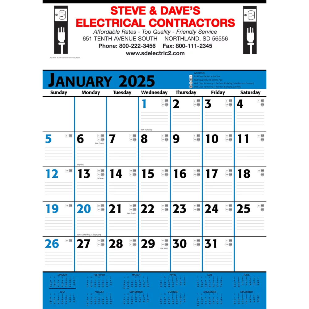Calendrier mural de planification commerciale : bleu et noir 2025, 2+ couleurs d'impression