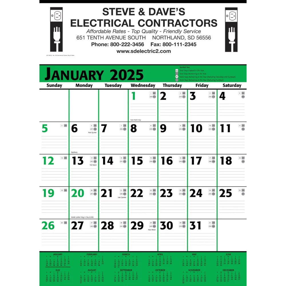 Calendrier mural de planification commerciale : Vert & Noir 2025, 1 impression couleur