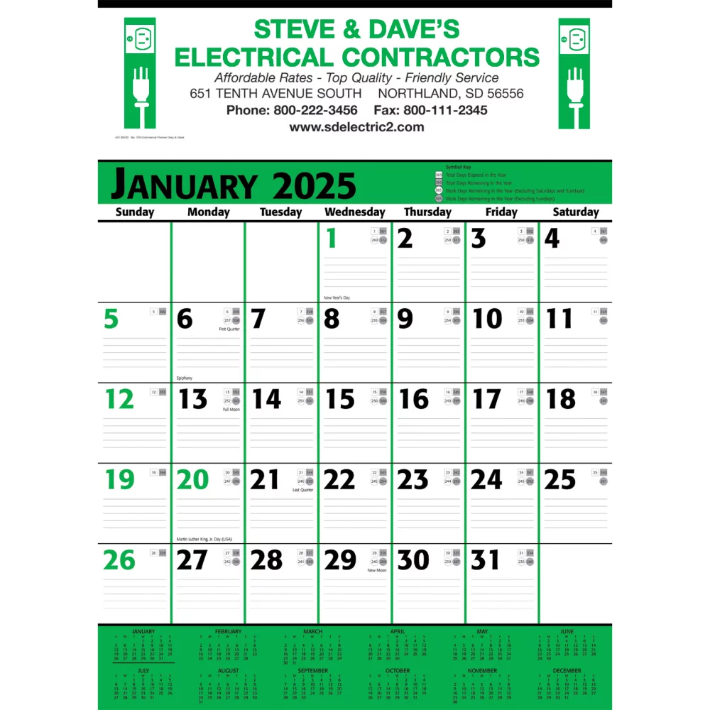 Calendrier mural de planification commerciale : vert et noir 2025, 2+ couleurs d'impression