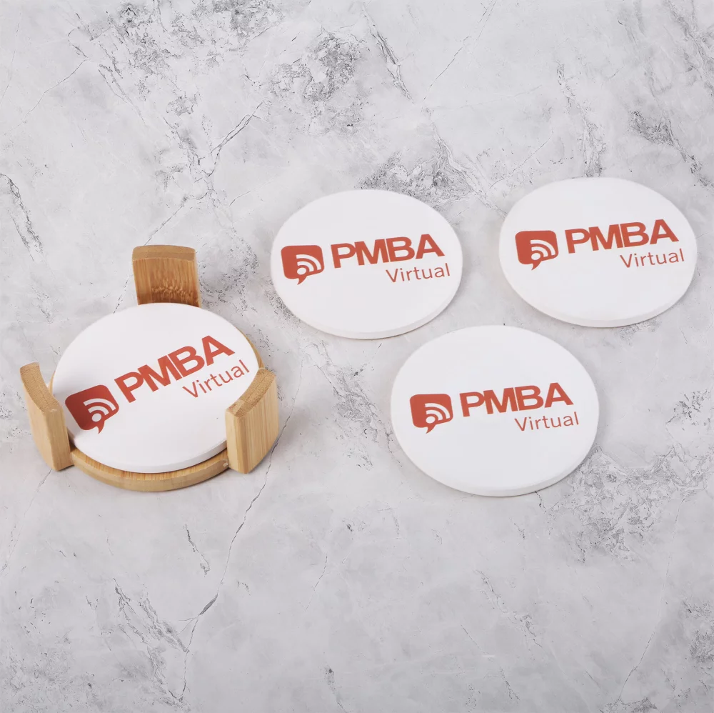 Round Ceramic Coaster: 4 Pc Set with Wood Stand