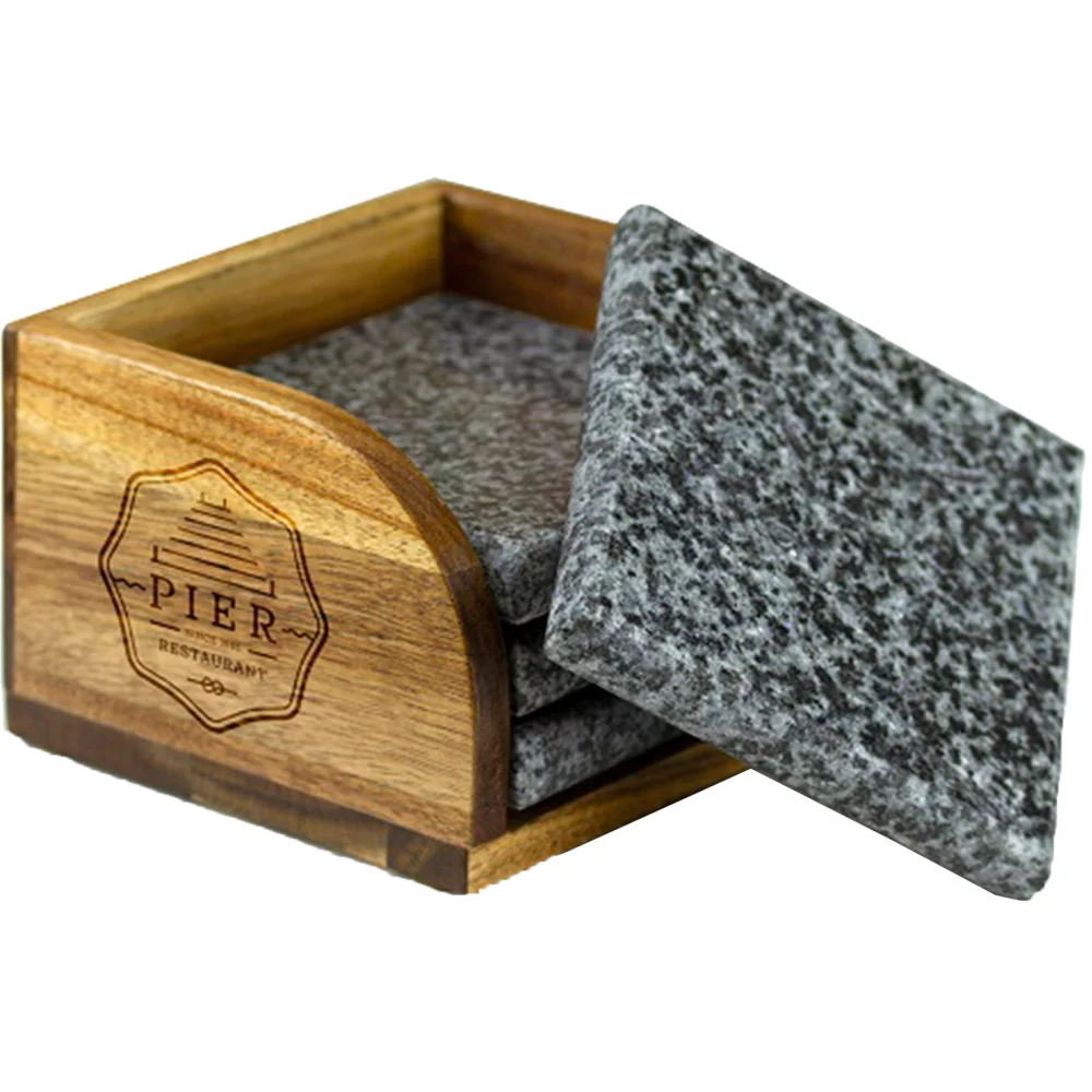 4 Pc. Granite Coaster Set with Acacia Wood Stand