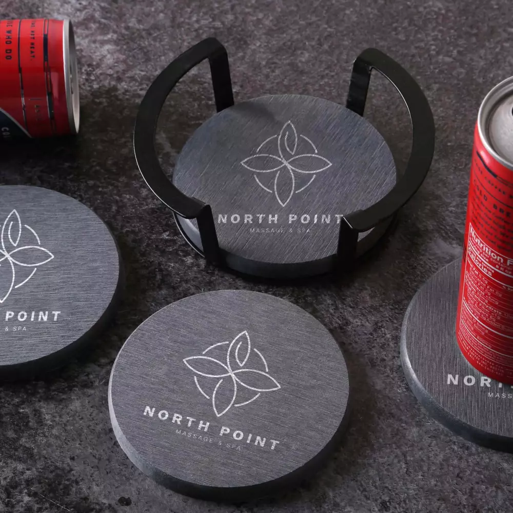 Sous-verre en diatomite antique : ensemble de 4 pièces avec support en métal