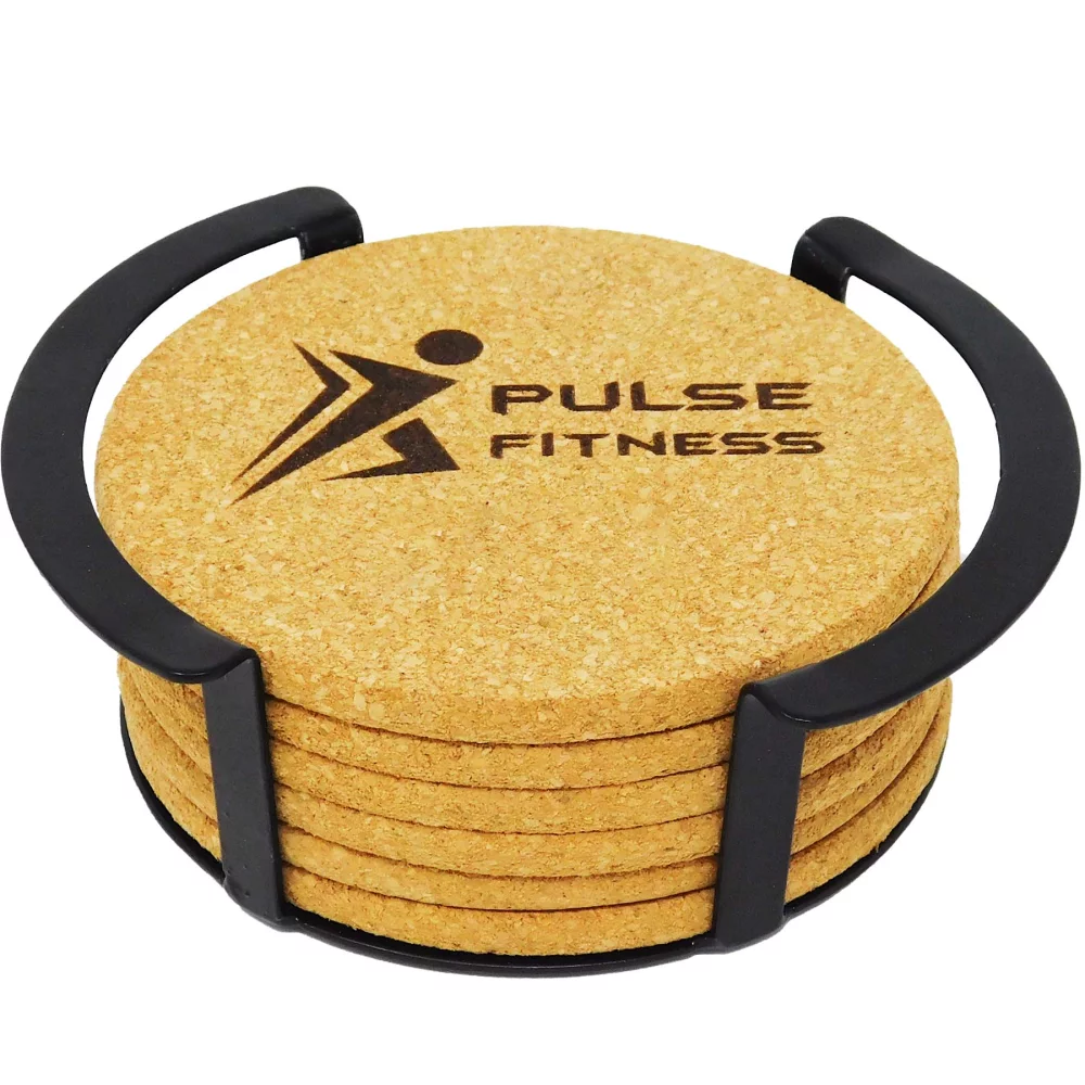 Ensemble de 6 dessous de verre ronds en liège avec support en métal noir.