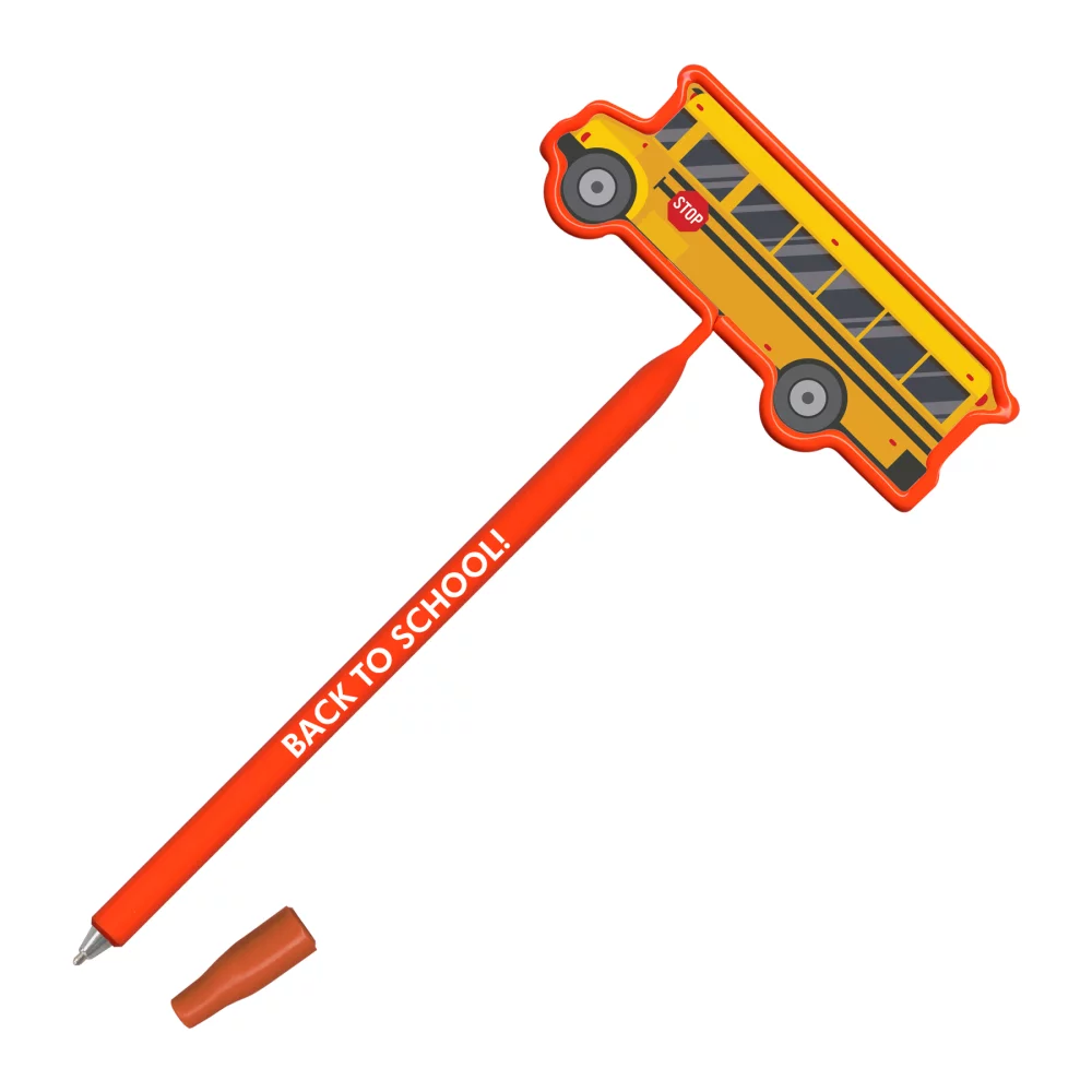Stylos publicitaires Inkbend Xtra avec insert d'autobus scolaire.