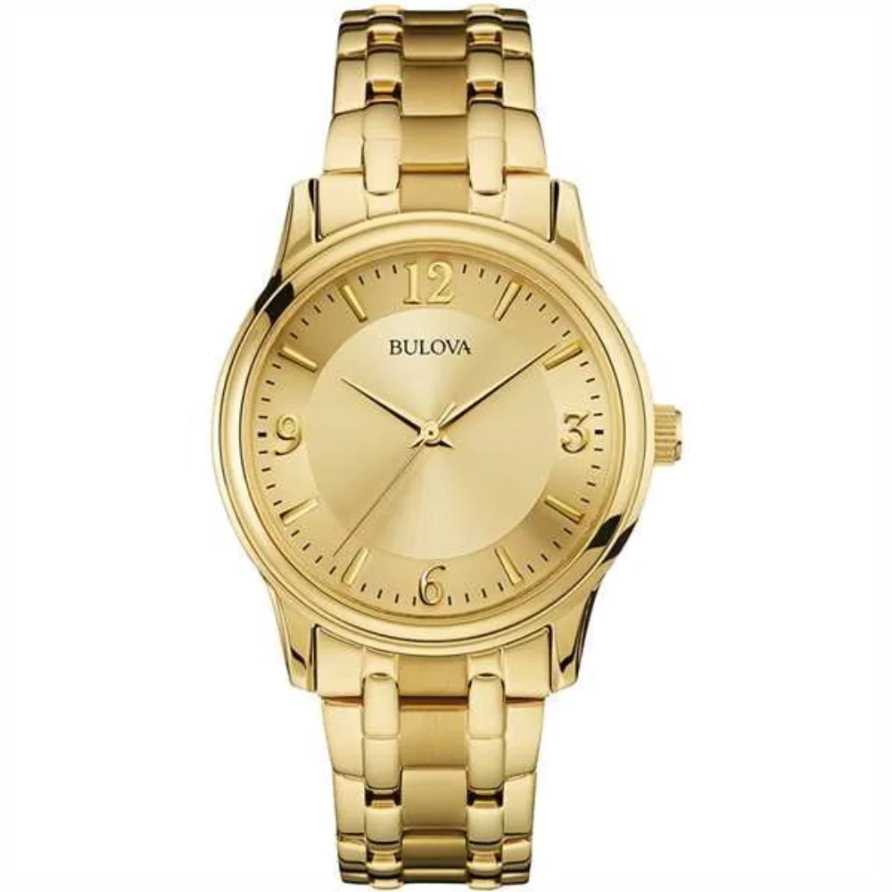 Montre en acier inoxydable doré de la collection Corporate de Bulova® pour hommes avec cadran champagne à motif rond.