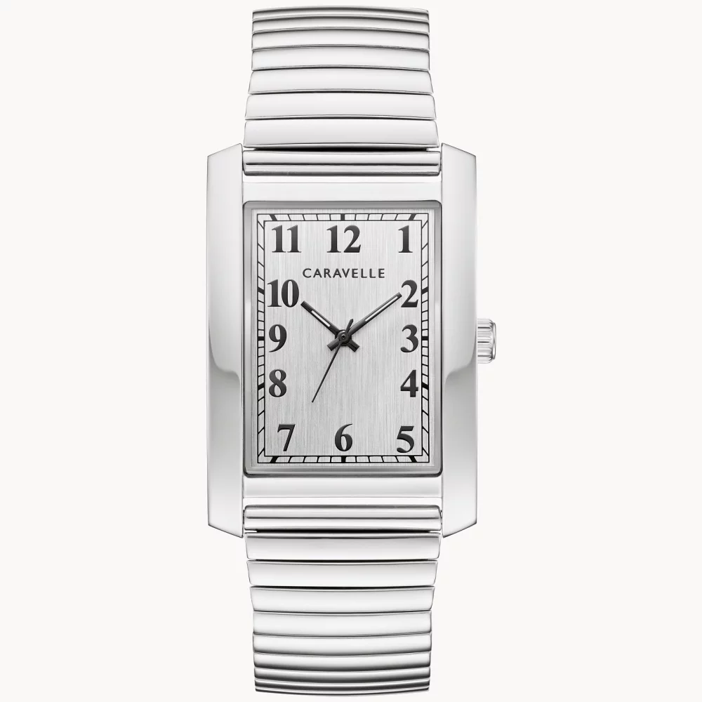 Montre habillée pour homme de la collection Caravelle® avec cadran rectangulaire argenté et blanc.