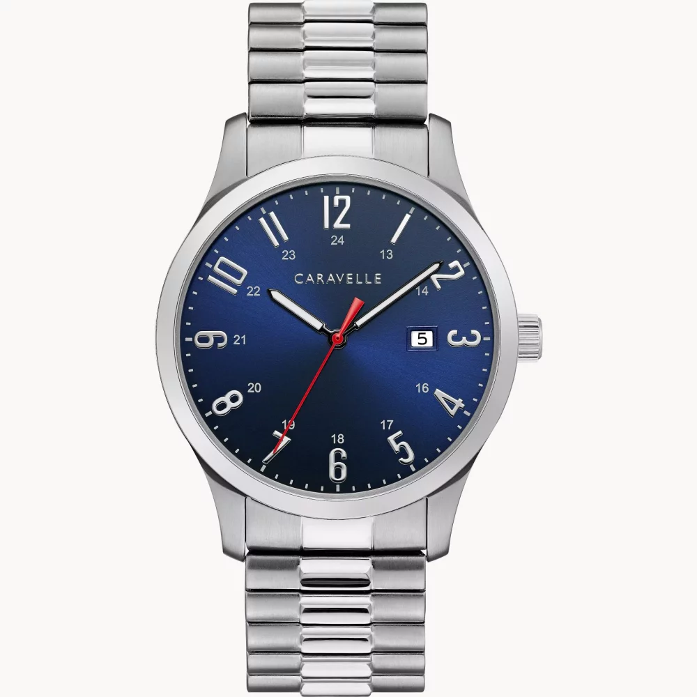 Montre traditionnelle pour homme de la collection Caravelle® avec cadran rond bleu foncé.