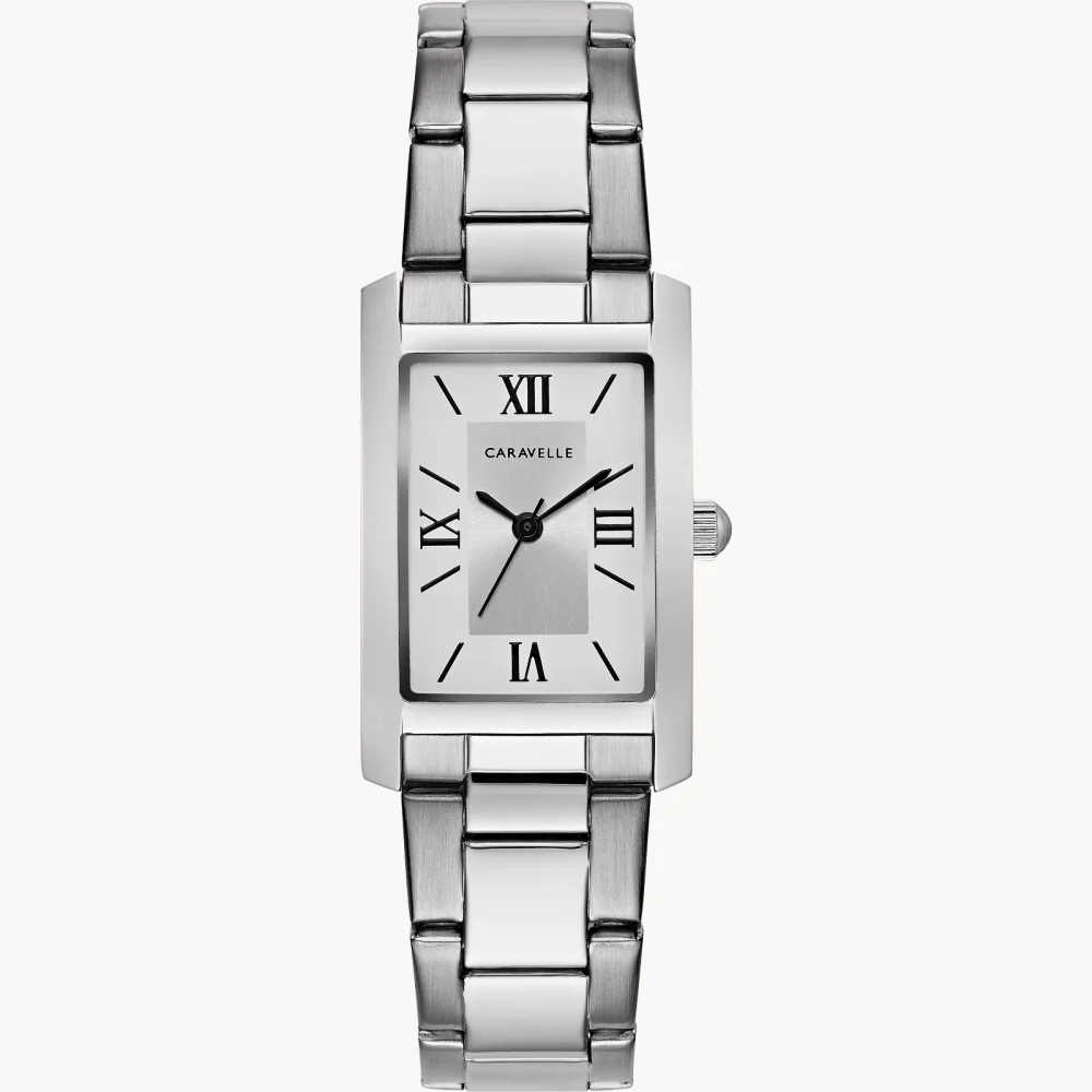 Montre pour femme de la collection Caravelle® avec boîtier en argent et cadran rectangulaire.