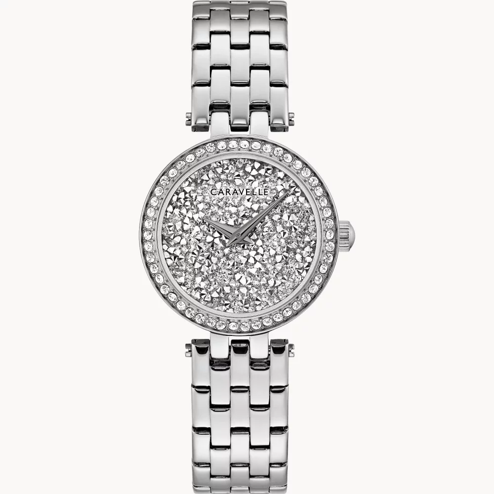 Montre moderne pour femme de la collection Caravelle® en argent avec cristaux.