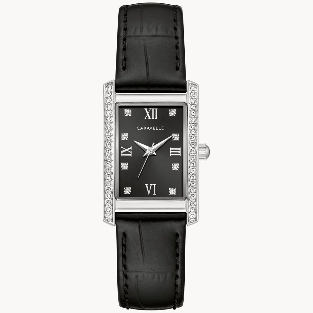 Caravelle® Collection Women's Silver Crystal Watch w/Black Leather Strap