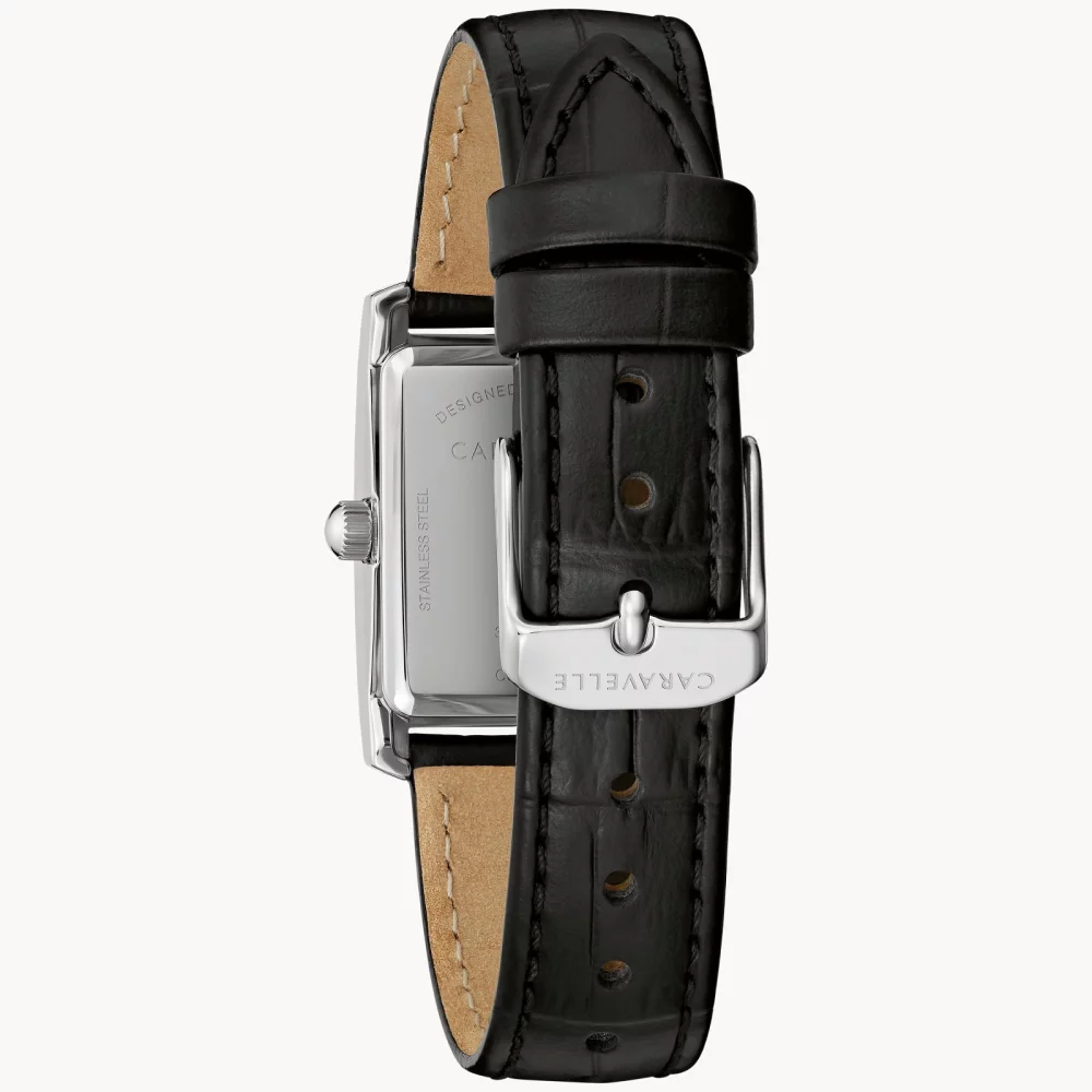 Caravelle® Collection Women's Silver Crystal Watch w/Black Leather Strap