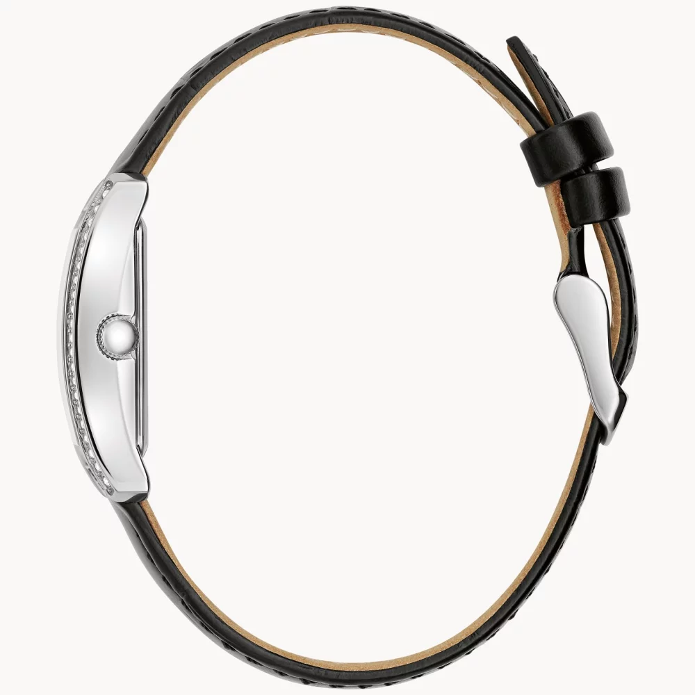 Montre Caravelle® Collection pour femmes en argent avec bracelet en cuir noir et cristaux.