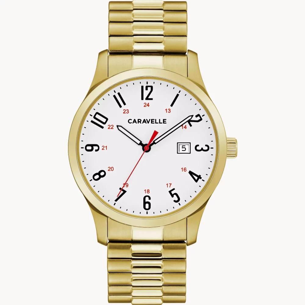 Montre traditionnelle pour homme de la collection Caravelle® en or avec cadran rond blanc mat.