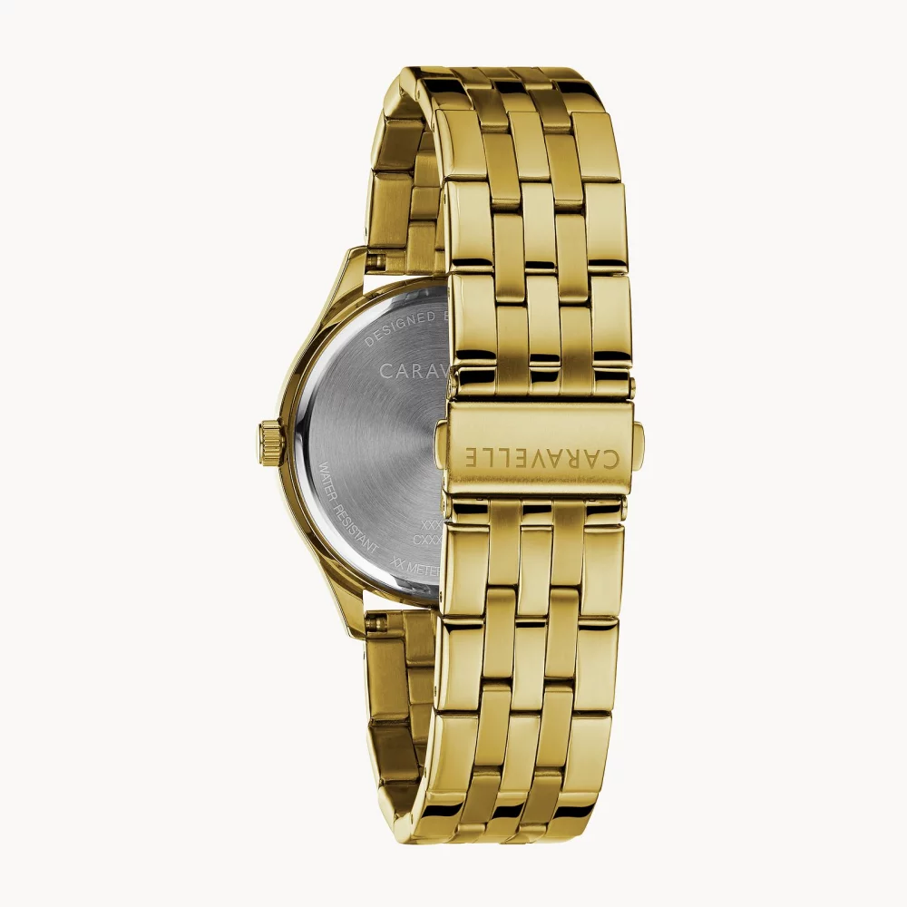 Montre habillée pour homme de la collection Caravelle® avec cadran rond noir et bracelet en or.