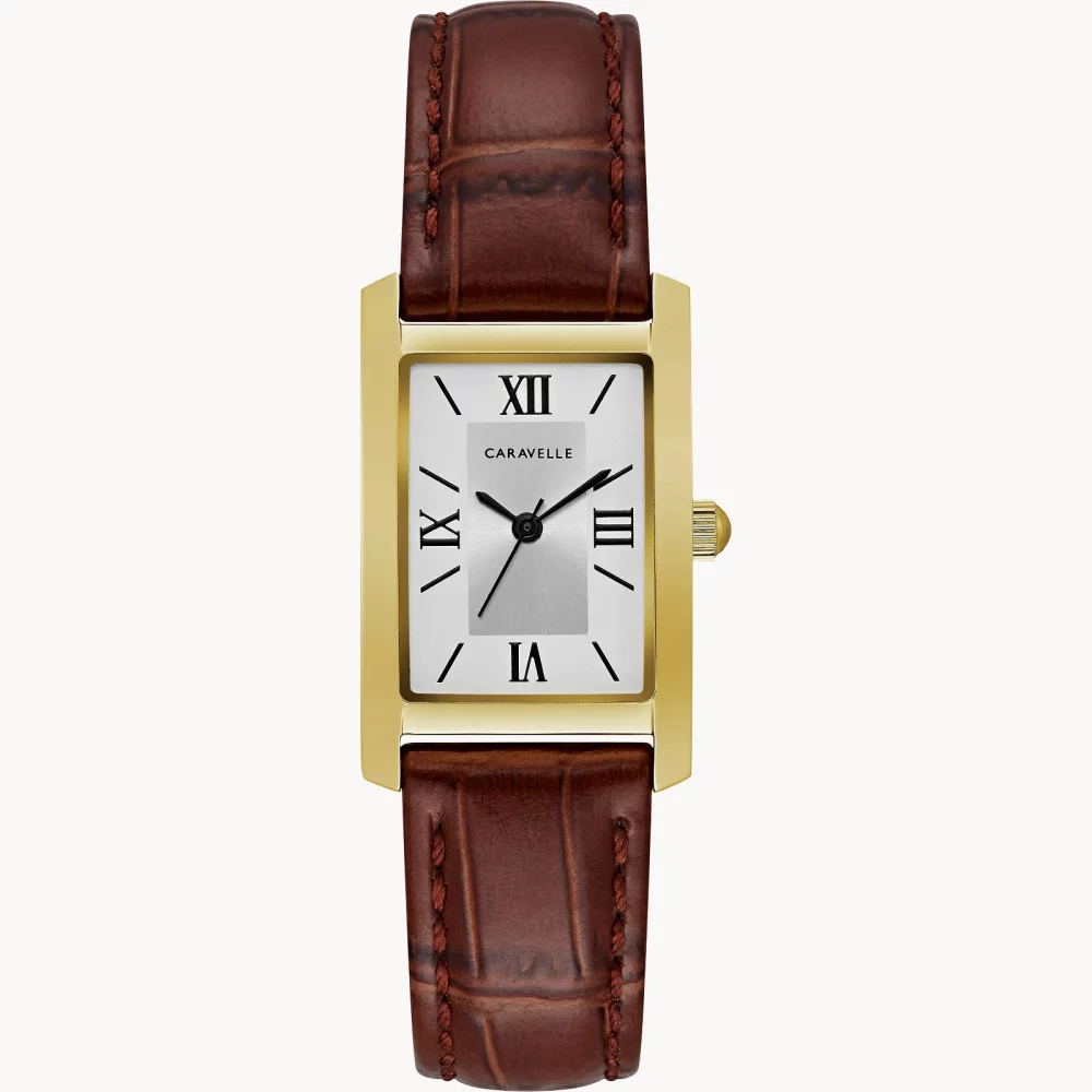 Montre pour femme de la collection Caravelle® avec bracelet en cuir de crocodile, couleur or.