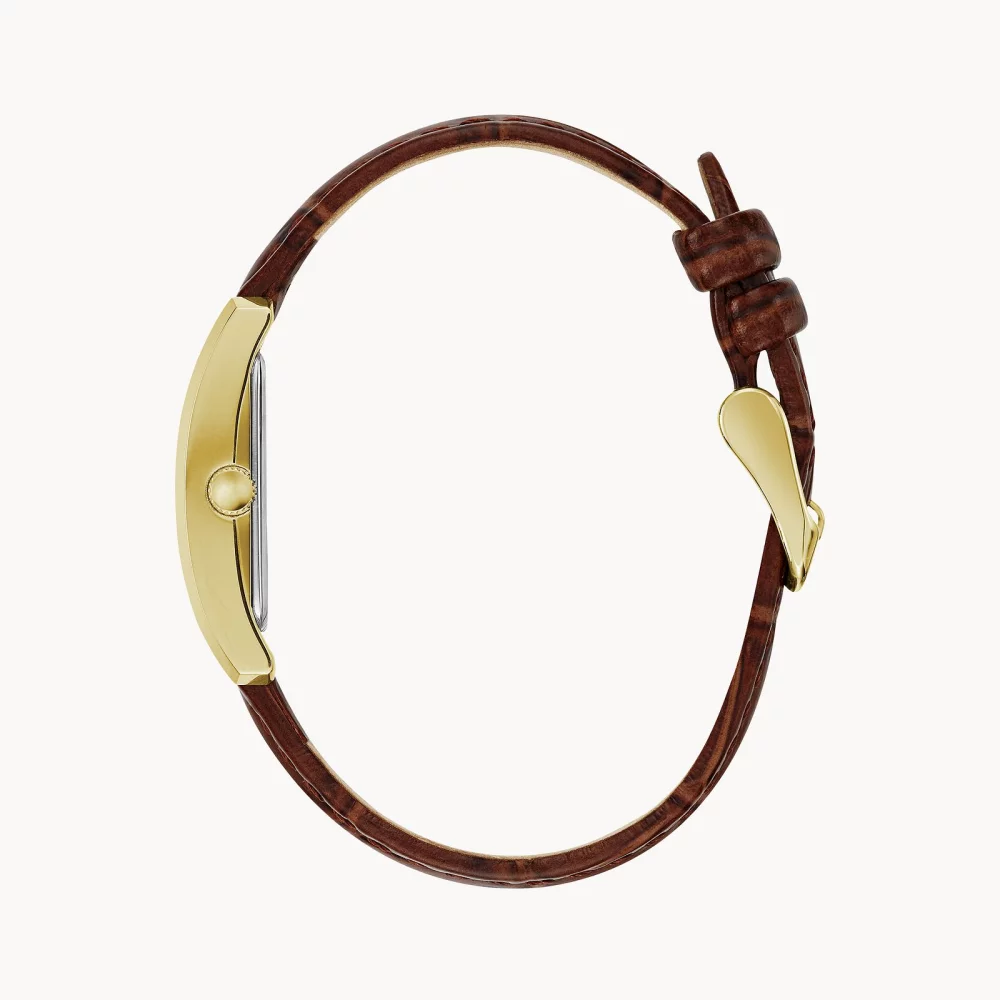 Montre pour femme de la collection Caravelle® avec bracelet en cuir de crocodile, couleur or.