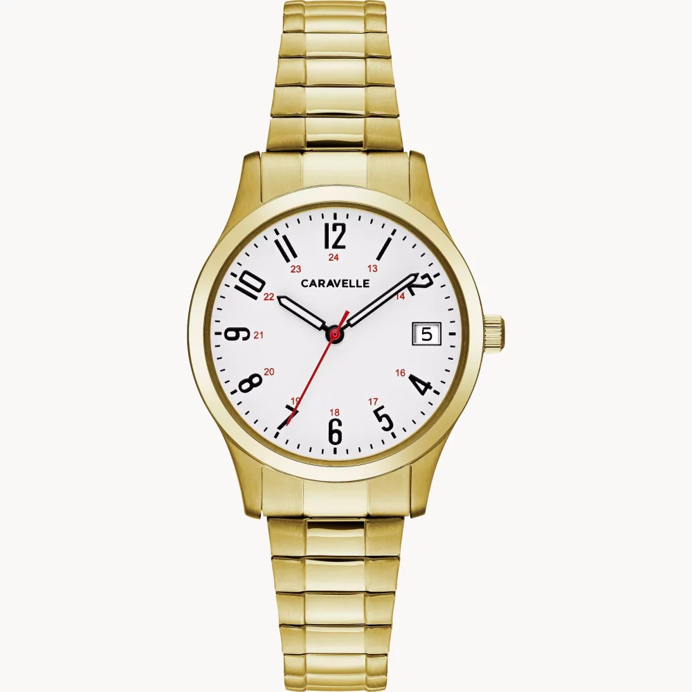 Montre traditionnelle pour femme de la collection Caravelle® en or avec cadran rond blanc.