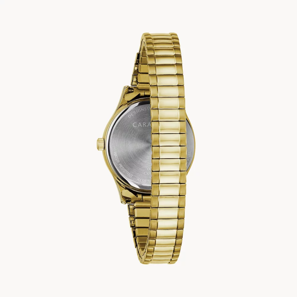 Montre traditionnelle pour femme de la collection Caravelle® en or avec cadran rond blanc.