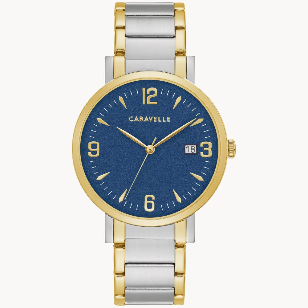 Montre de costume bicolore pour homme de la collection Caravelle® avec cadran rond bleu.