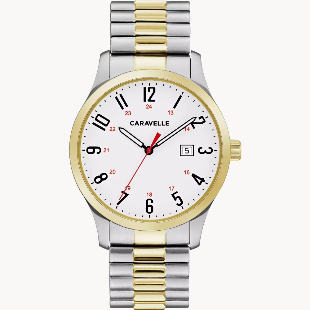 Montre traditionnelle pour hommes de la collection Caravelle® avec cadran rond blanc mat bicolore.