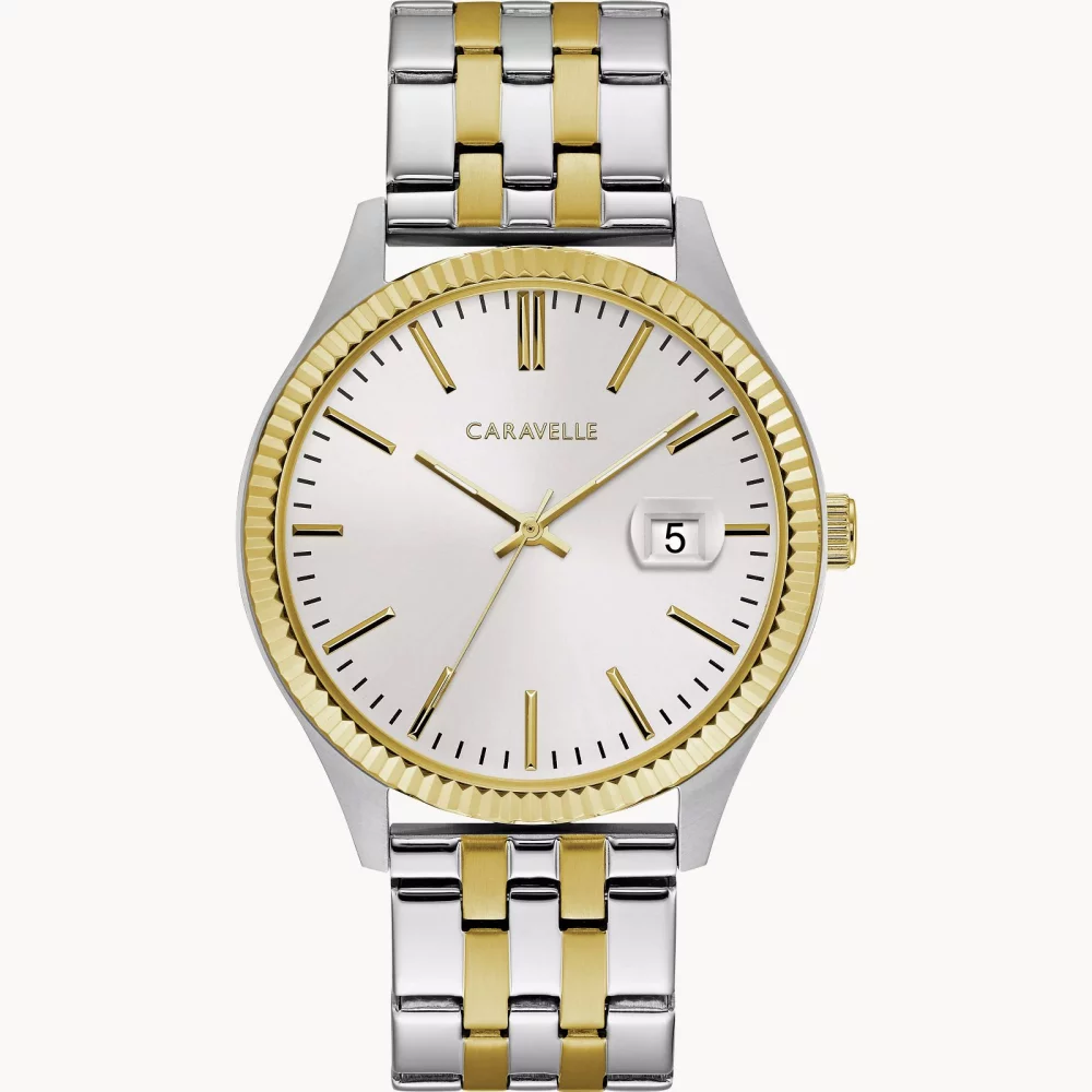 Montre habillée pour homme de la collection Caravelle® avec bracelet bicolore et lunette texturée.