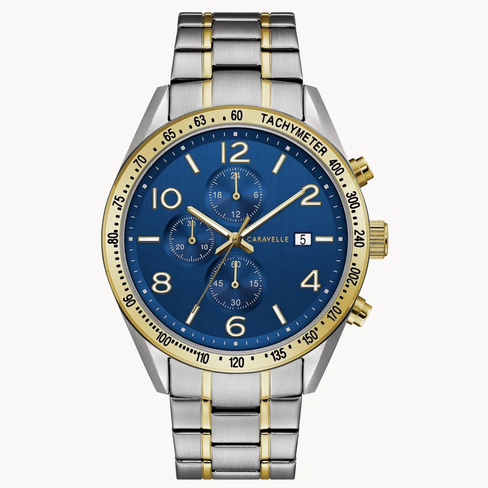 Montre de sport chronographe bicolore pour homme de la collection Caravelle® avec cadran bleu rond.