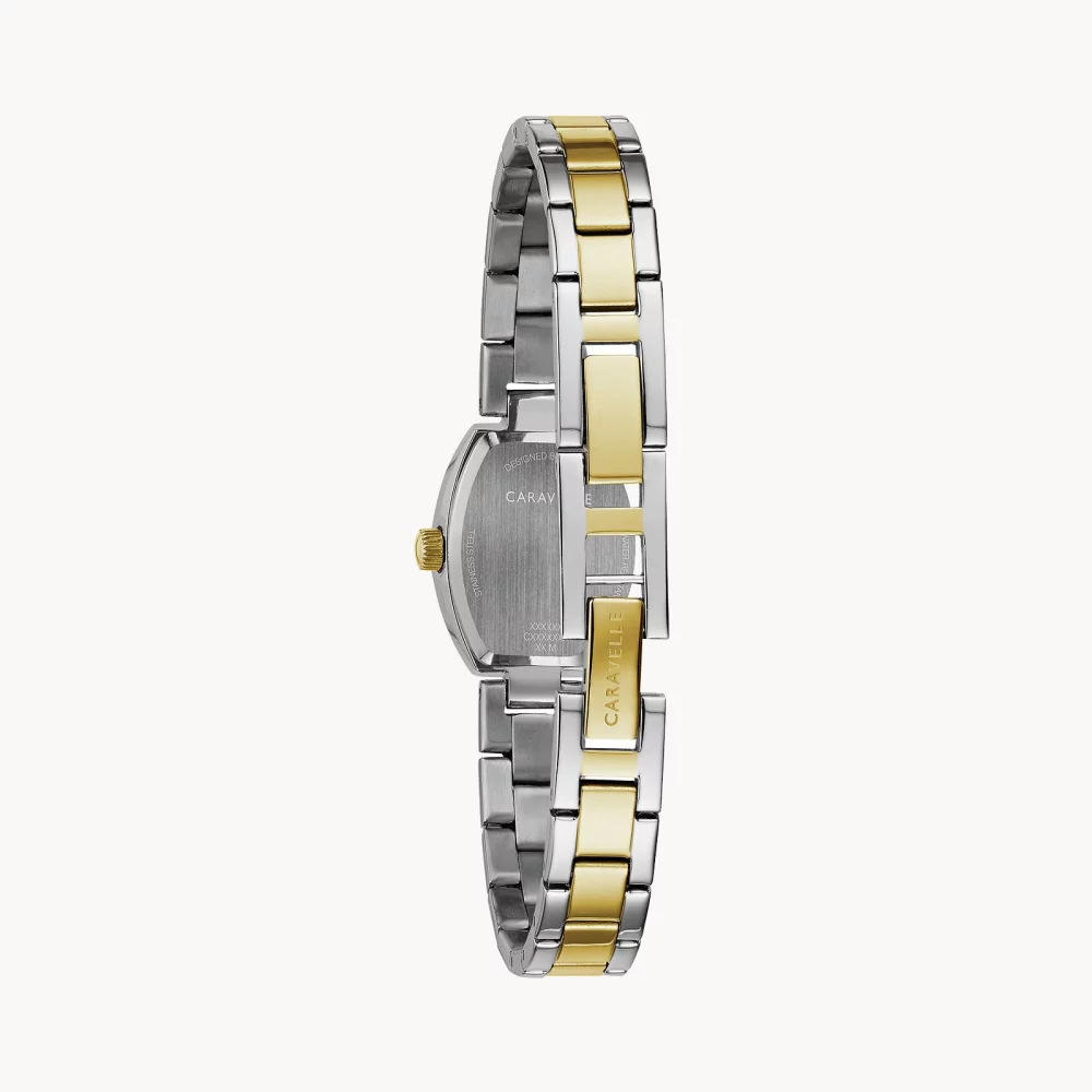 Montre pour femme de la collection Caravelle® avec bracelet bicolore et cadran en nacre.