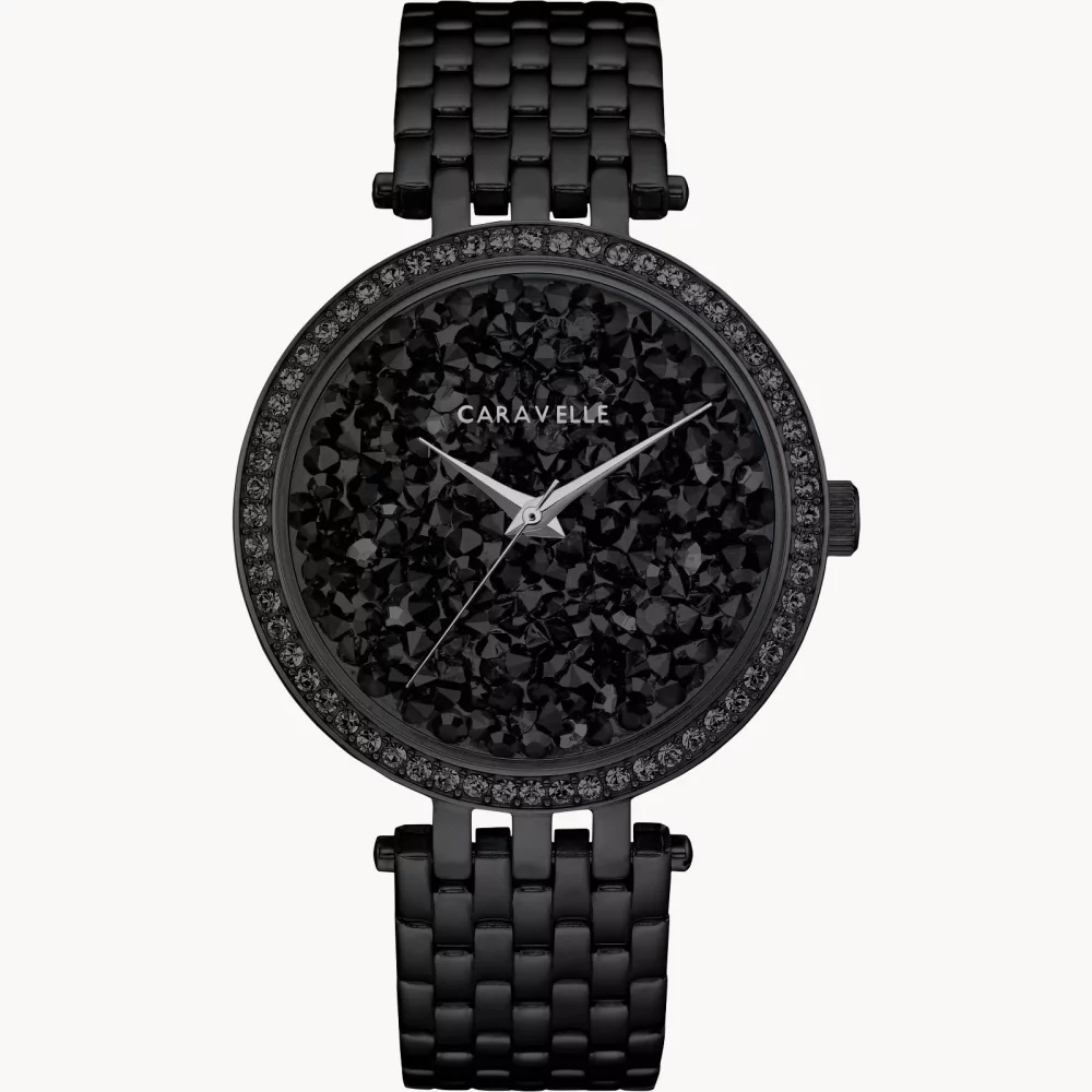 Montre moderne noire pour femme de la collection Caravelle® avec cristaux.