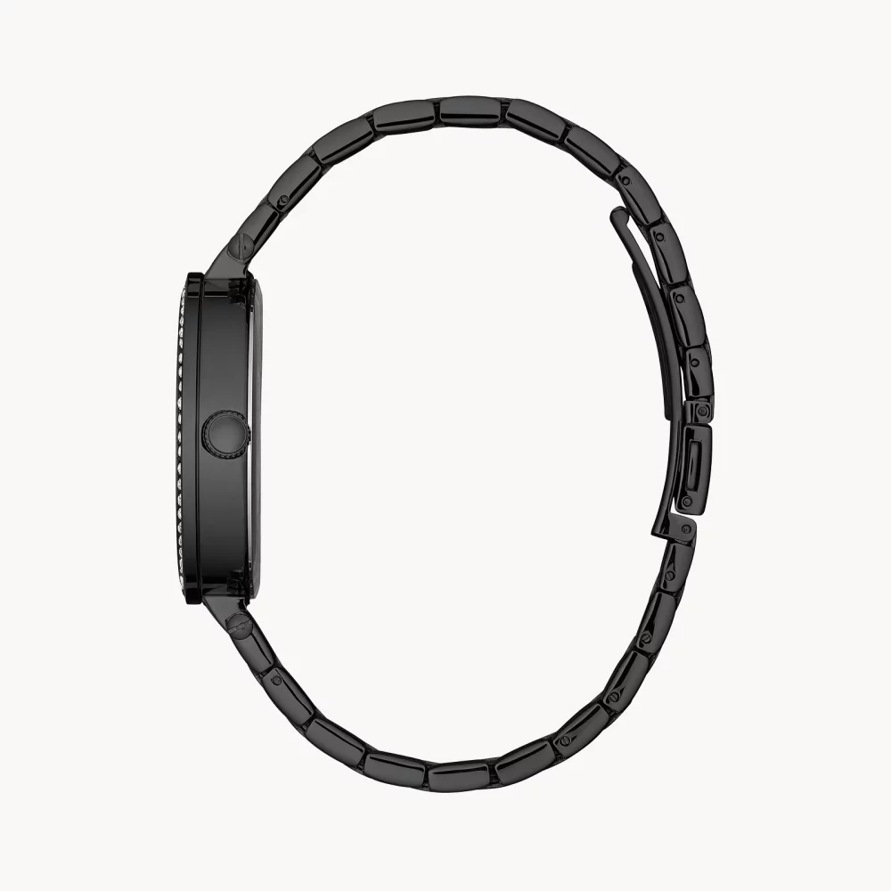 Montre moderne noire pour femme de la collection Caravelle® avec cristaux.