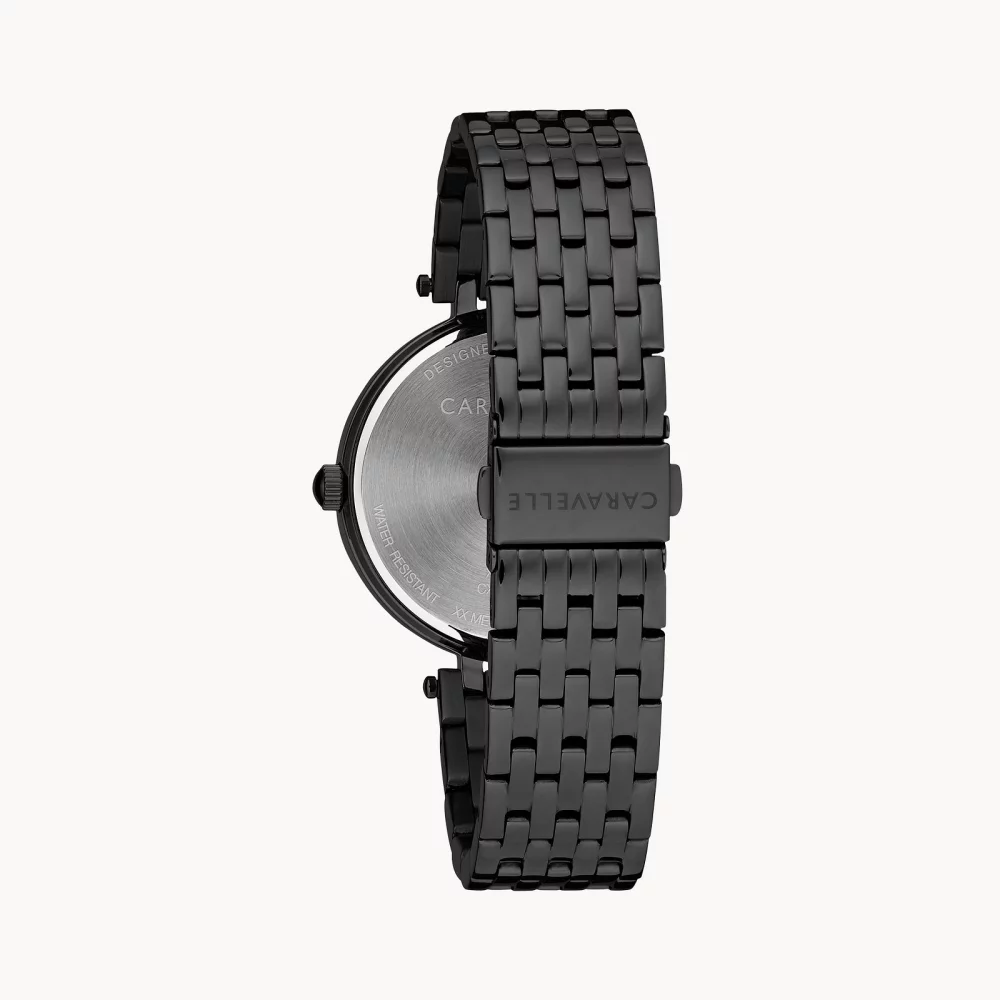 Montre moderne noire pour femme de la collection Caravelle® avec cristaux.