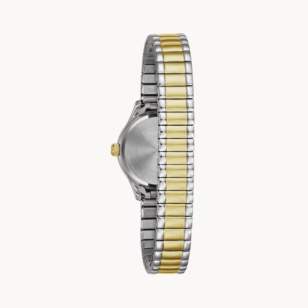 Montre traditionnelle pour femme de la collection Caravelle® avec bracelet bicolore et cadran rond argenté blanc.