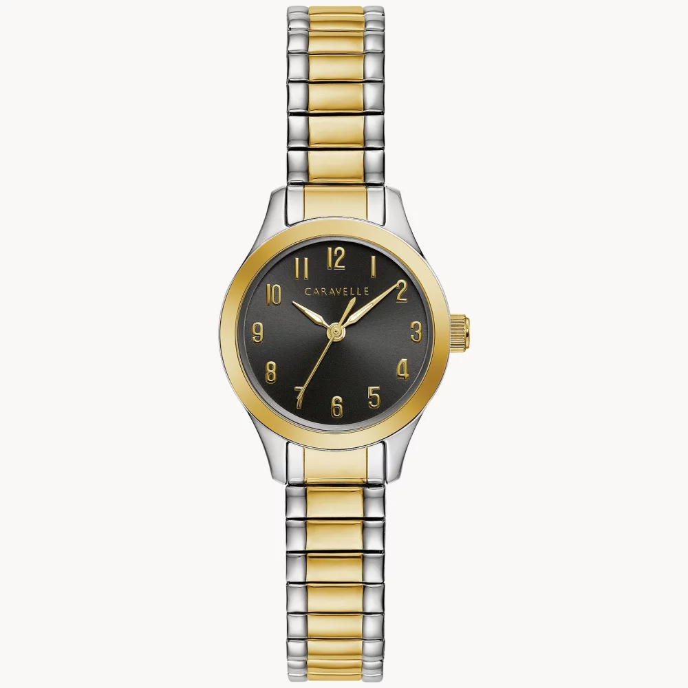Montre traditionnelle pour femmes de la collection Caravelle® avec cadran rond noir bicolore.